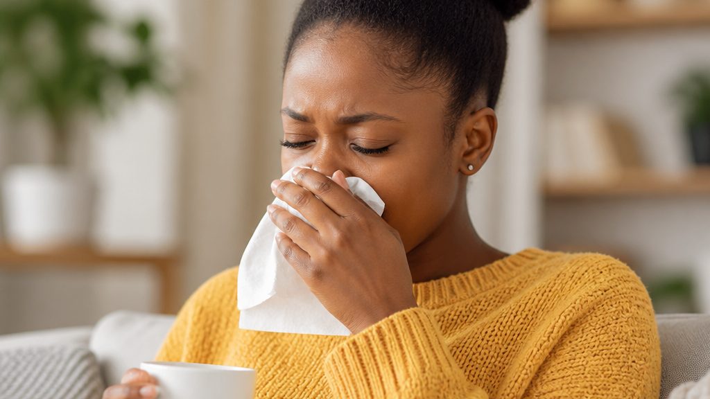 African woman sneezing into a tissue outdoors