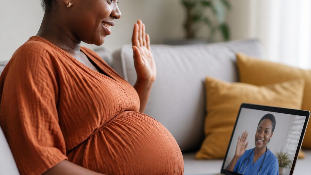 Pregnant African woman gently holding her belly in warm window light