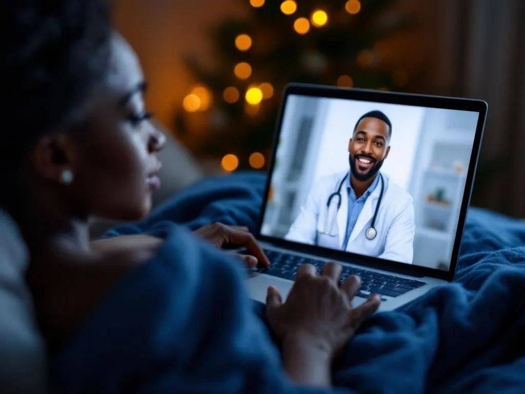 Hotel guest waving during an in-room video consult