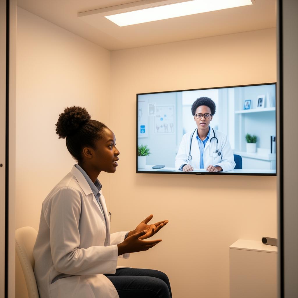 A patient consulting a remote specialist through a modern telemedicine booth