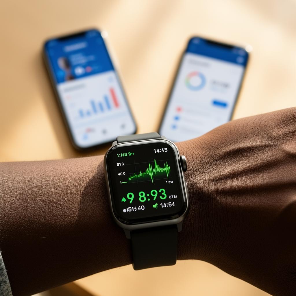 A patient wearing a smartwatch that streams health data to their care team