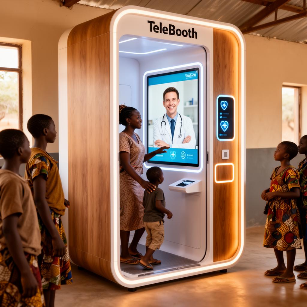 A modern TeleBooth health kiosk in a rural African community centre connecting to a specialist