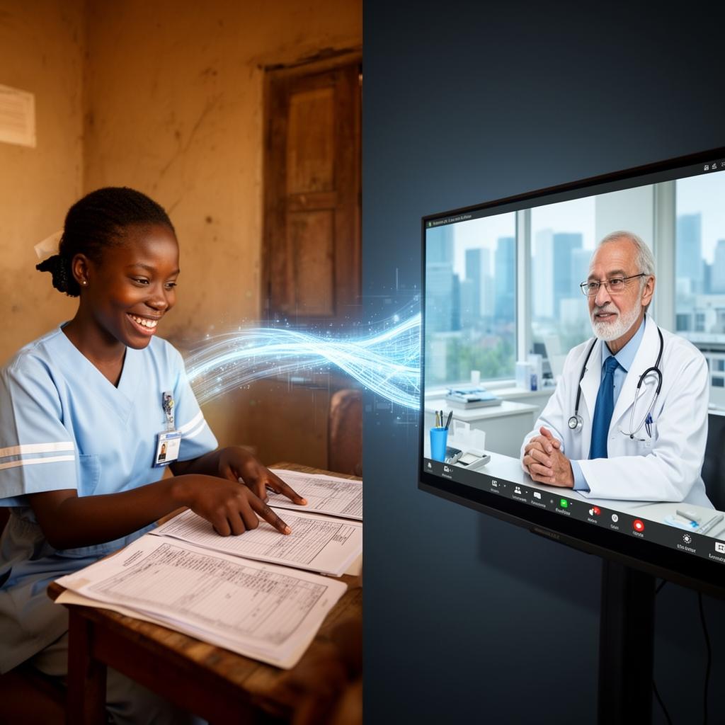 A rural nurse on a video call with a senior city specialist, sharing patient notes