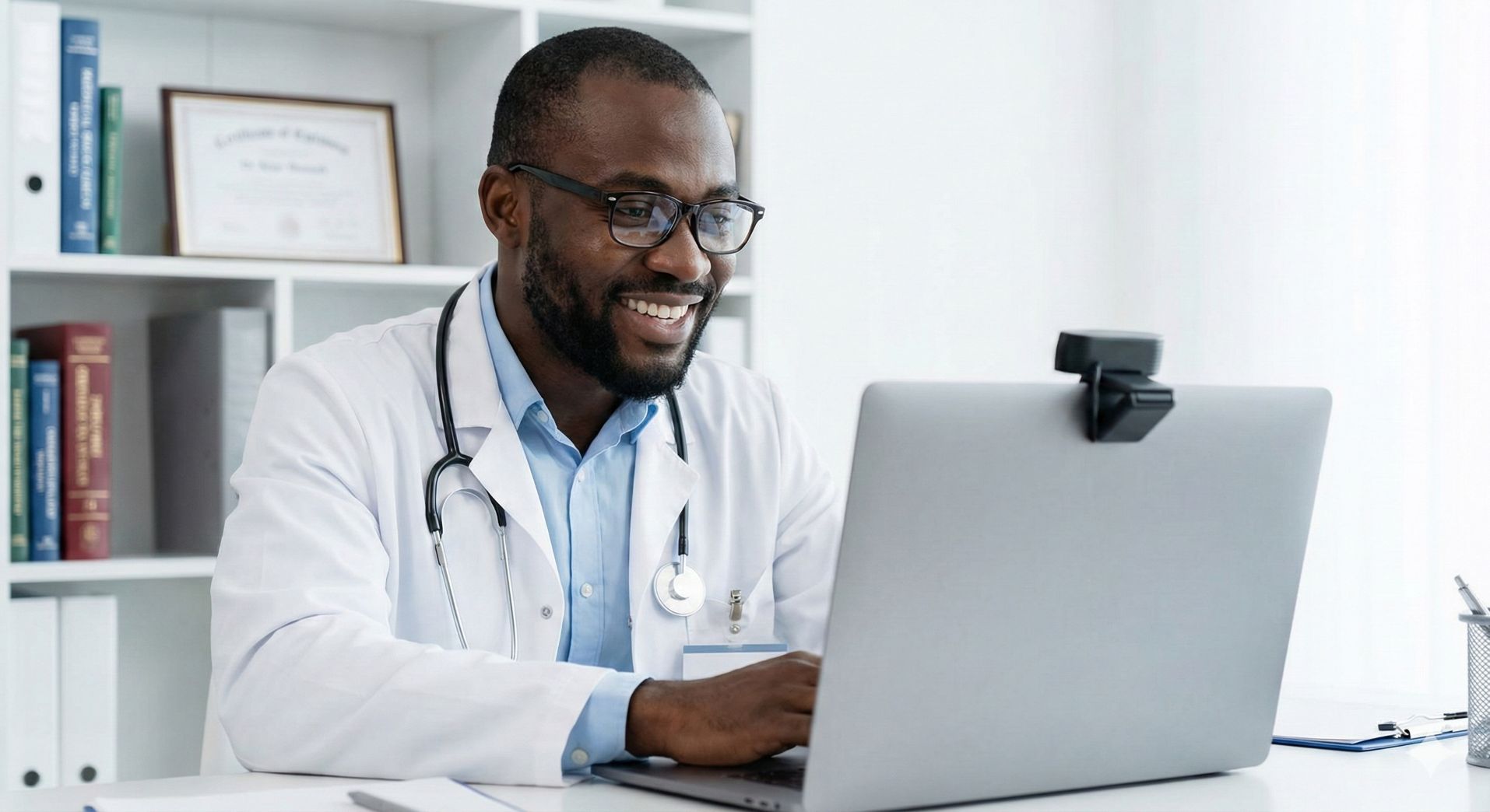 Specialist conducting a virtual consultation from his desk
