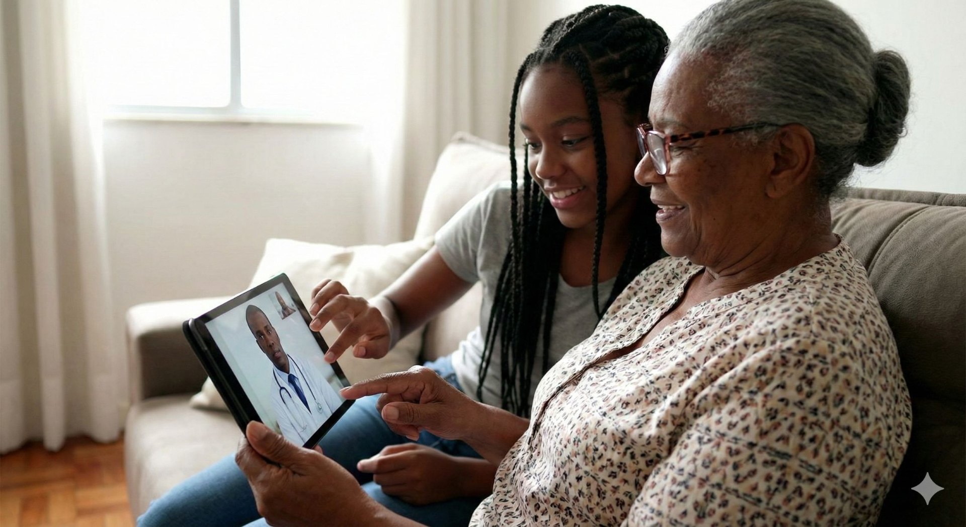 Granddaughter helping her grandmother attend a virtual specialist visit on a tablet