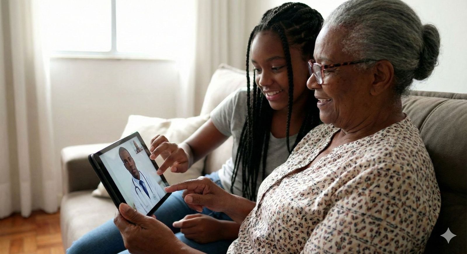 Granddaughter helping her grandmother attend a virtual specialist visit on a tablet