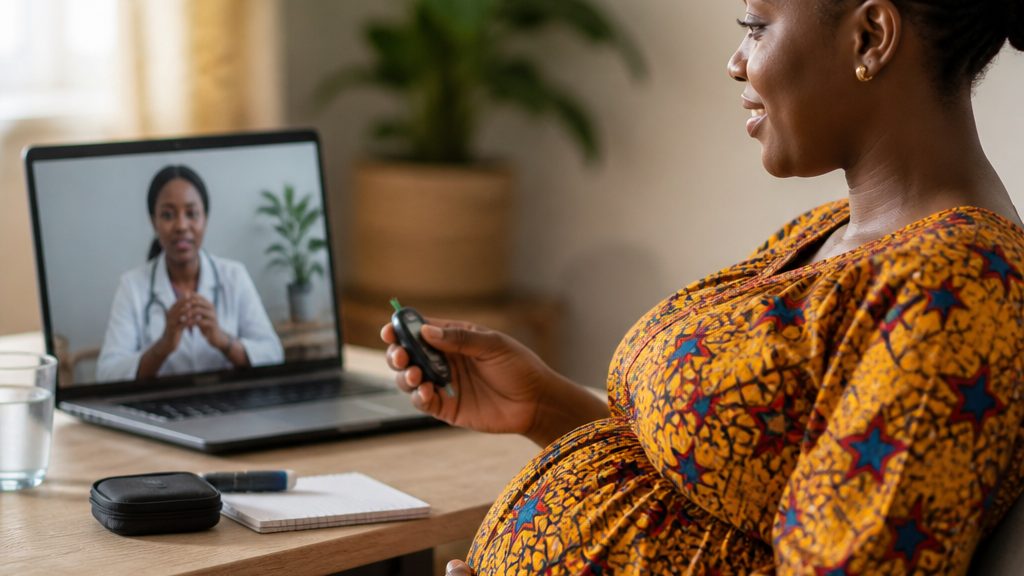Pregnant woman checking blood sugar at home