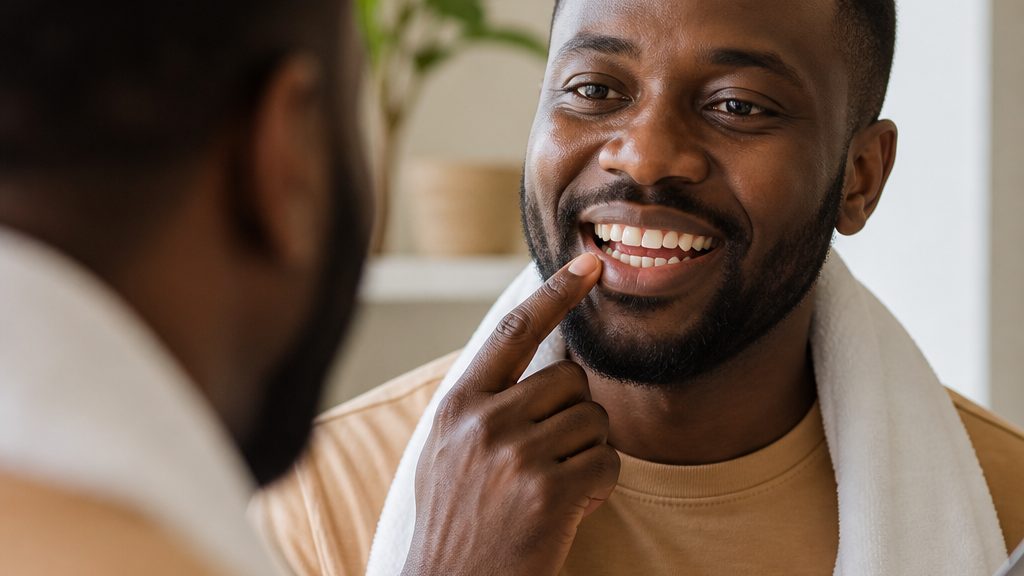 African adult smiling, representing oral health