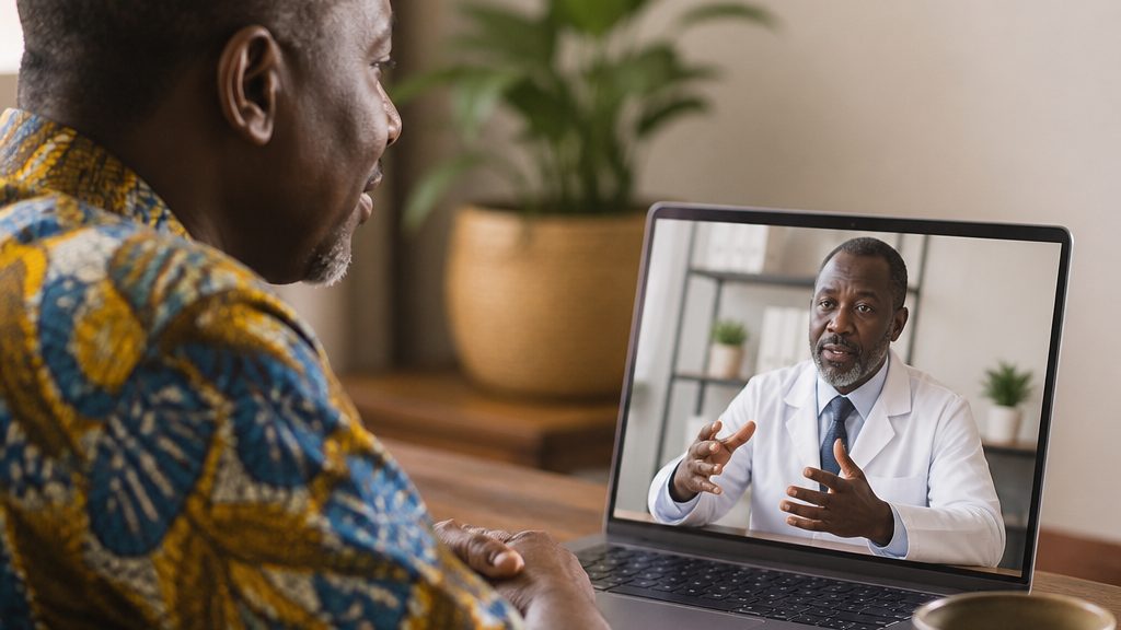 African surgeon reviewing a tablet outside the operating theatre
