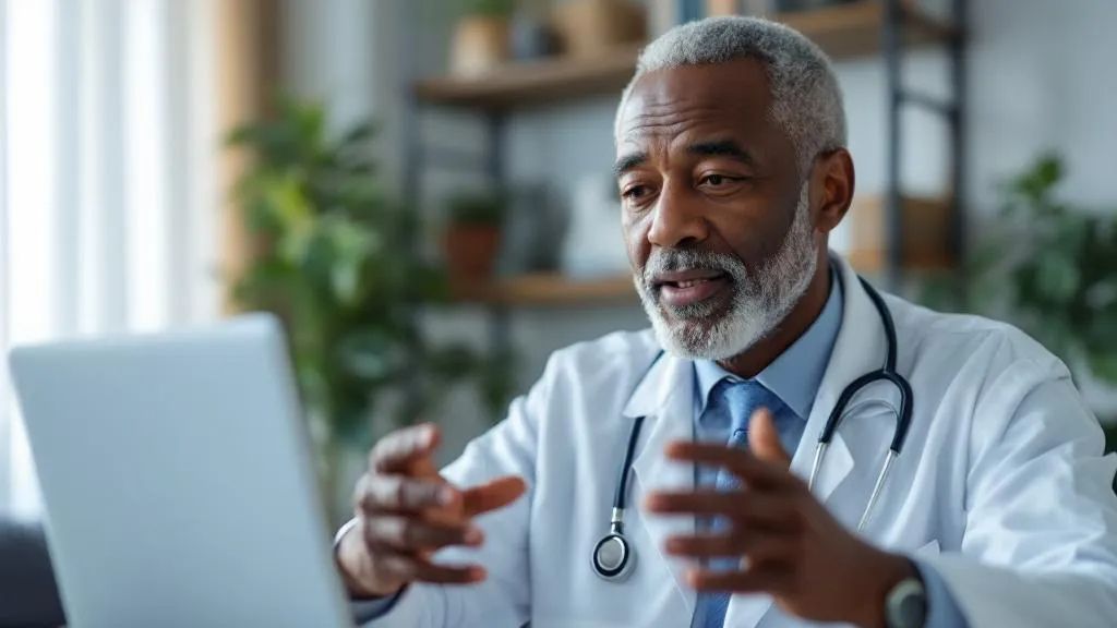 A specialist doctor holding a tablet during a virtual consultation