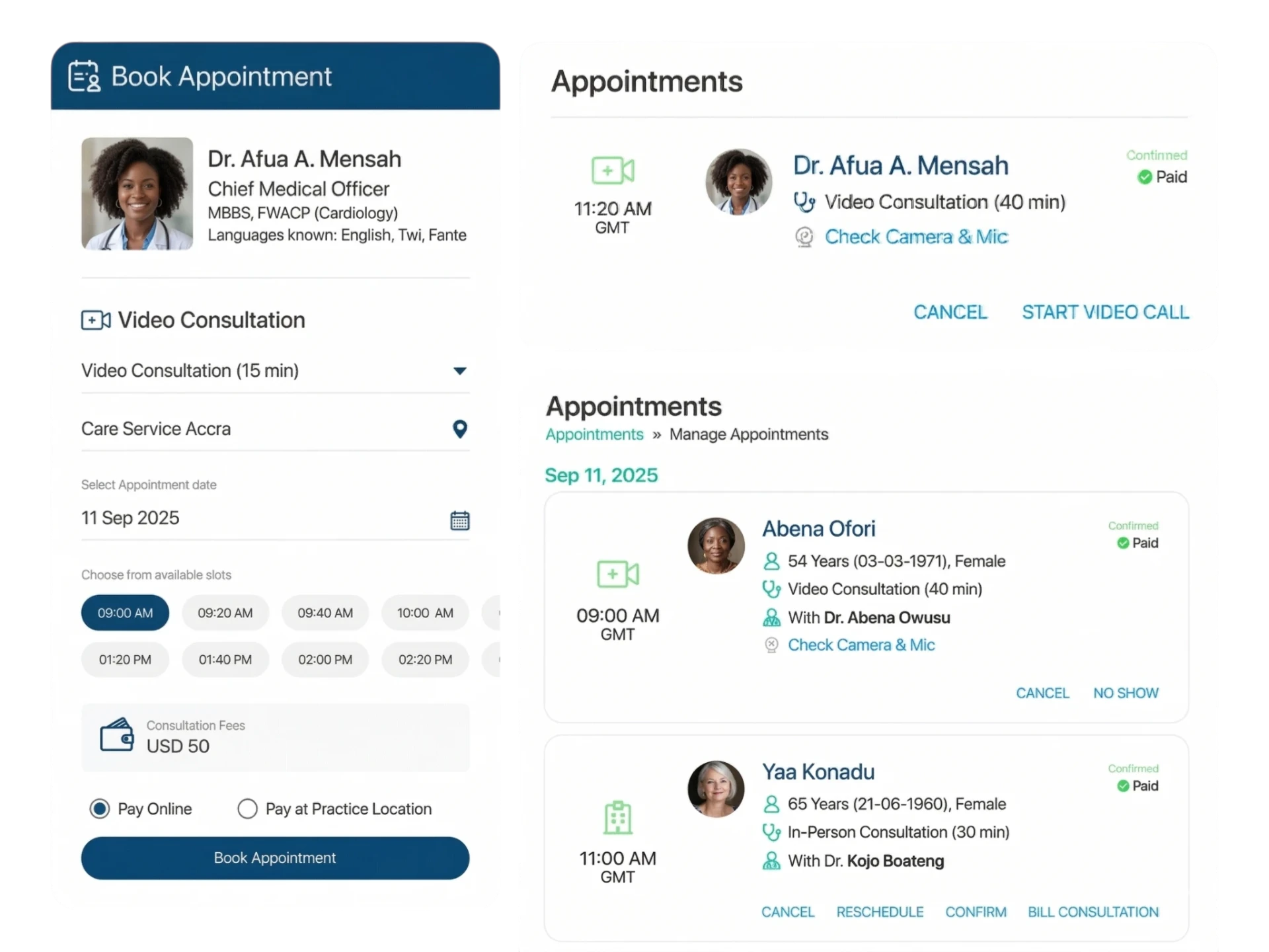 ASV Clinic appointment booking and management screens