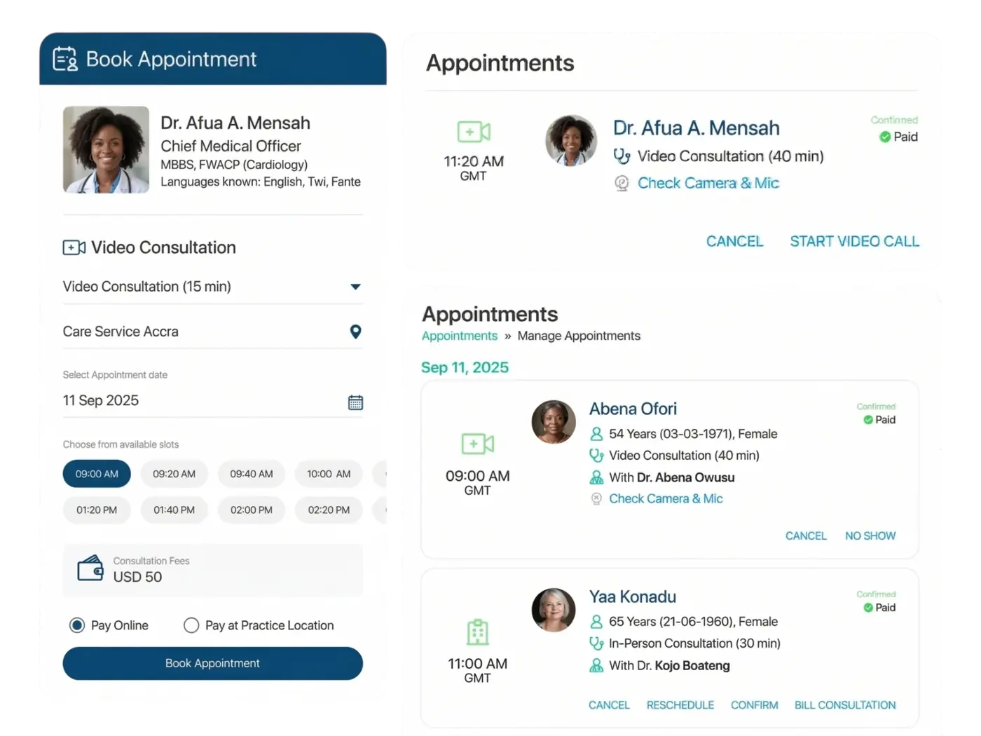 ASV Clinic appointment booking and management screens