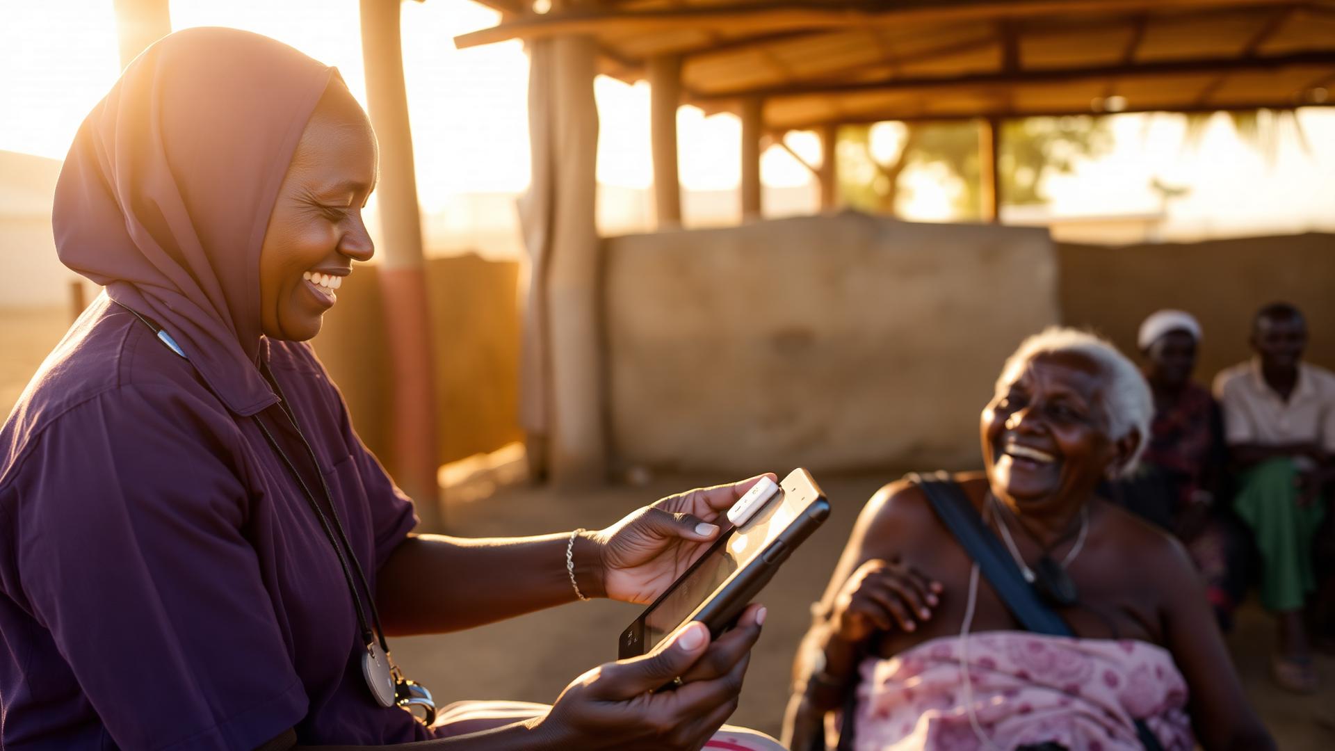 A community nurse using a tablet to support an elderly patient in a West African village