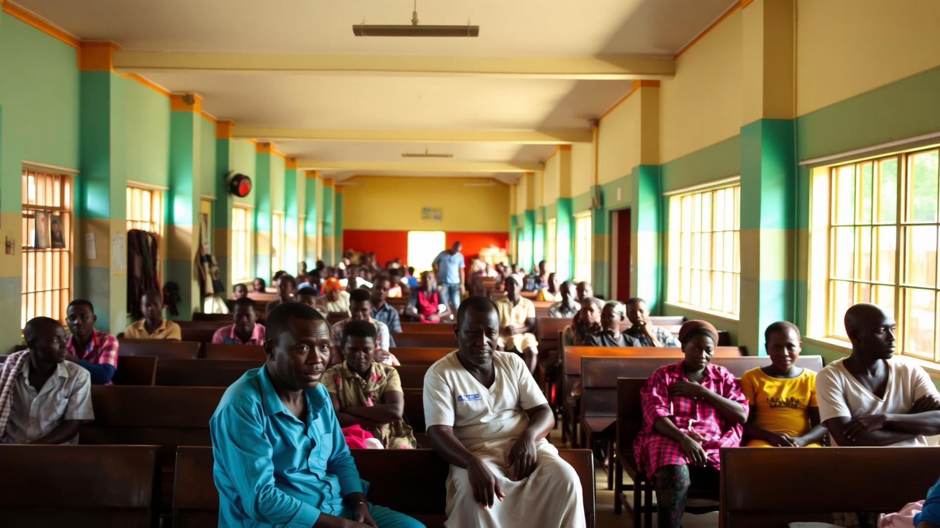 A crowded West African hospital waiting hall full of patients