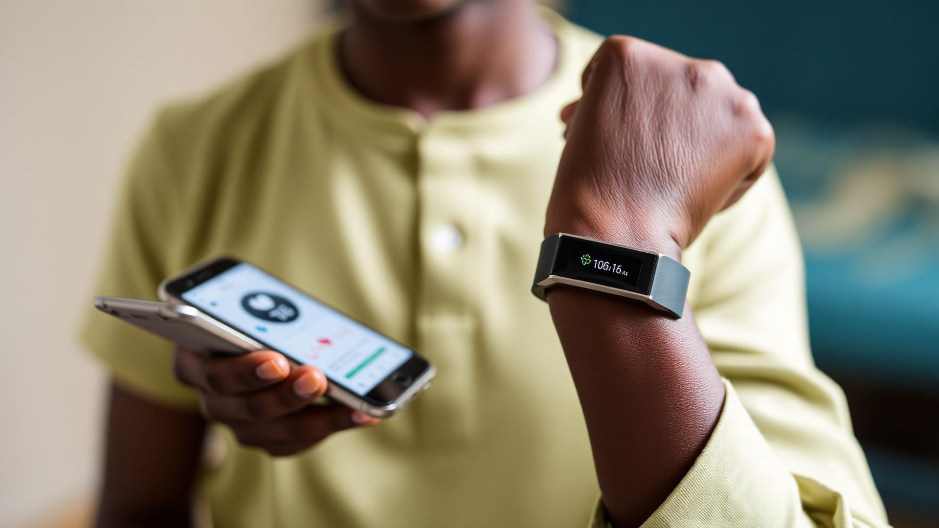A patient wearing a health tracker, with vitals visible on a smartphone
