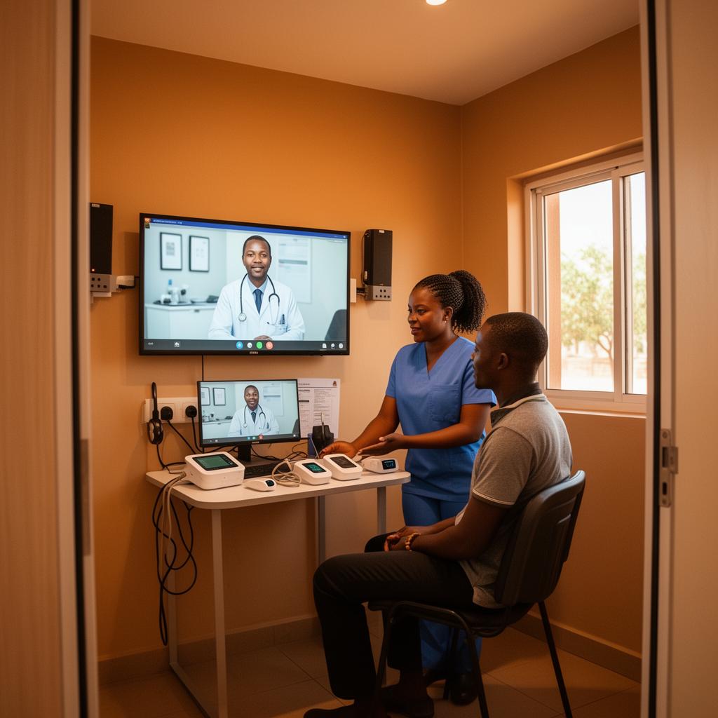 A local health coordinator assisting a patient at a community Telebooth for a specialist video consultation