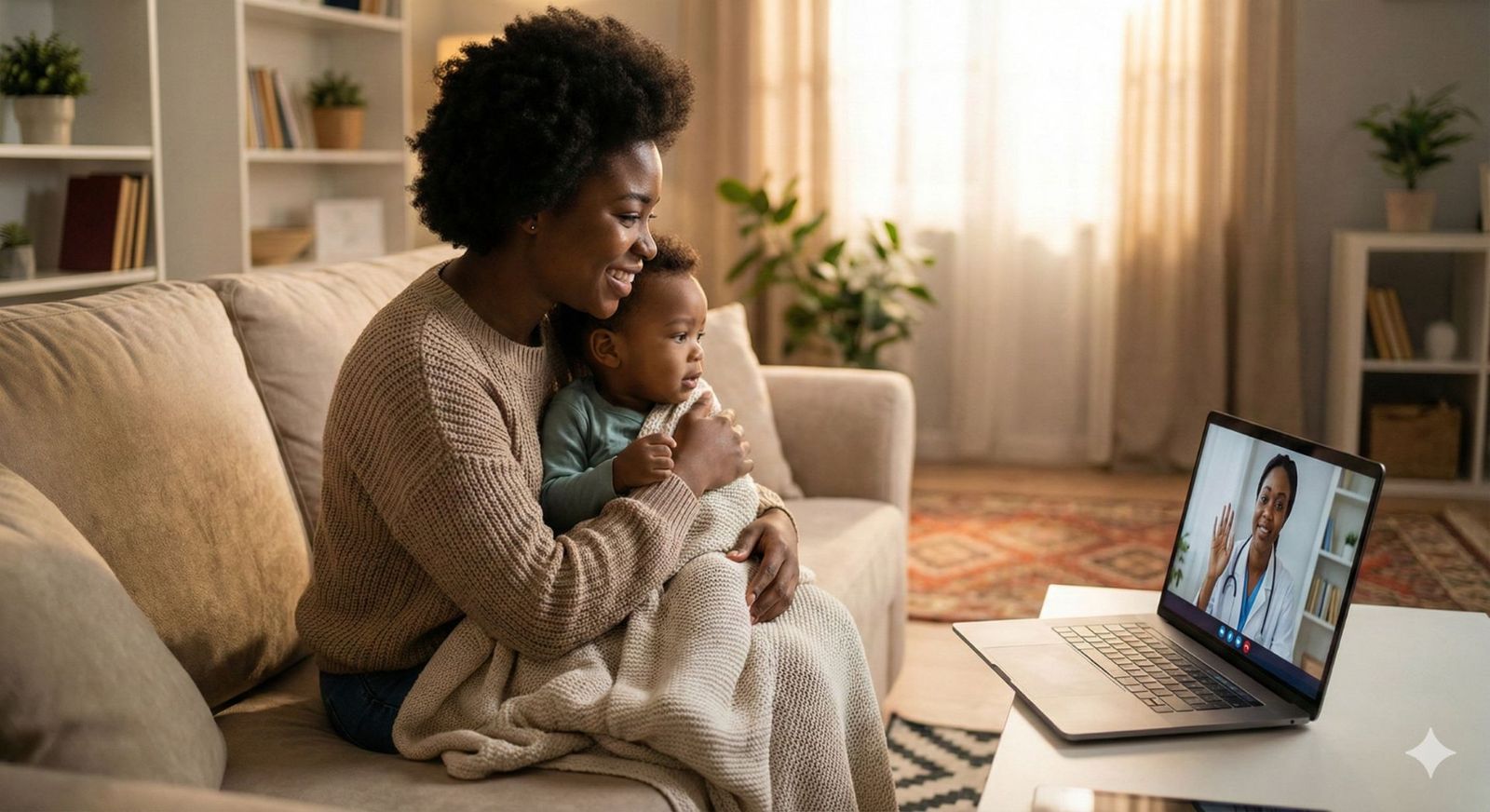 Mother holding her baby during a virtual paediatric consultation from home