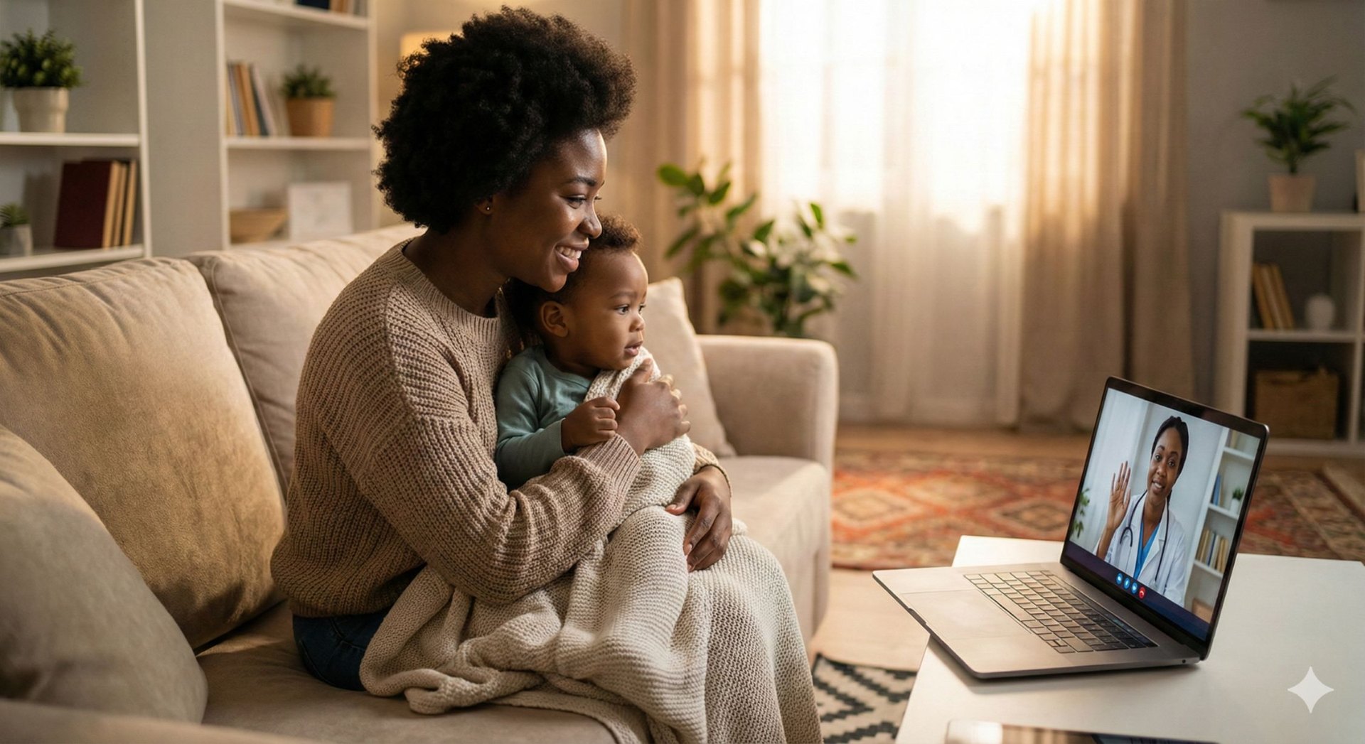 Mother holding her baby during a virtual paediatric consultation from home