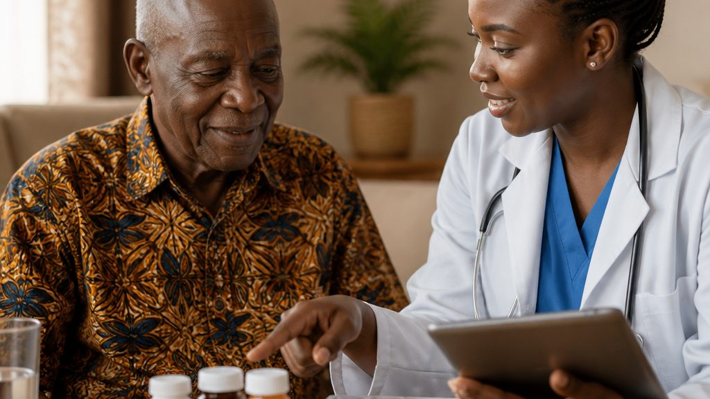 Elderly African couple walking together in a garden