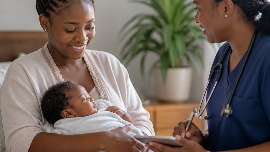 Mother and newborn during a postnatal review