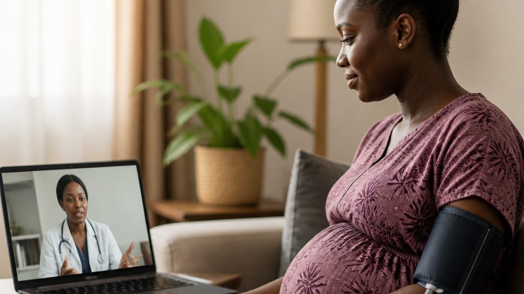 Pregnant woman monitoring blood pressure at home