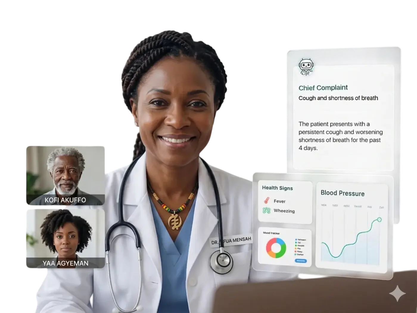 Specialist with live patient vitals, blood pressure trend and chief complaint summary