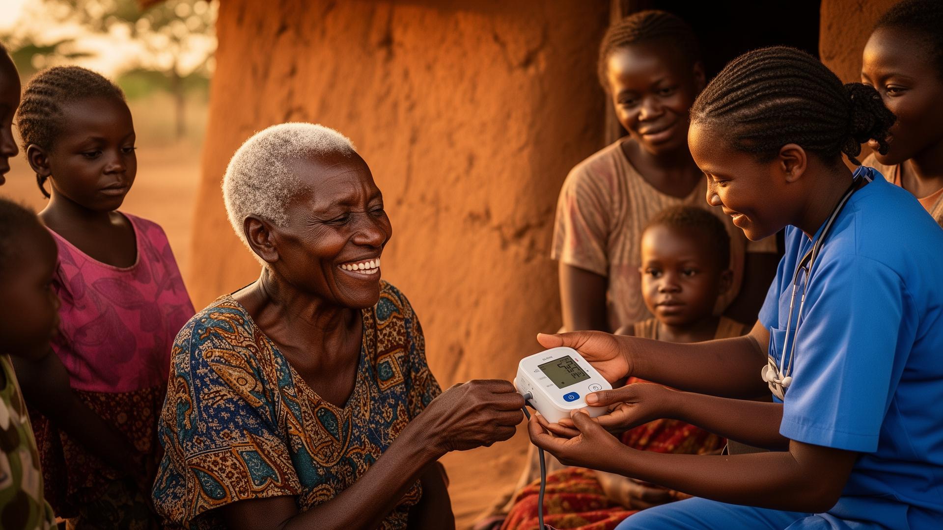 A community health worker showing an elderly patient how to use a blood pressure monitor at home