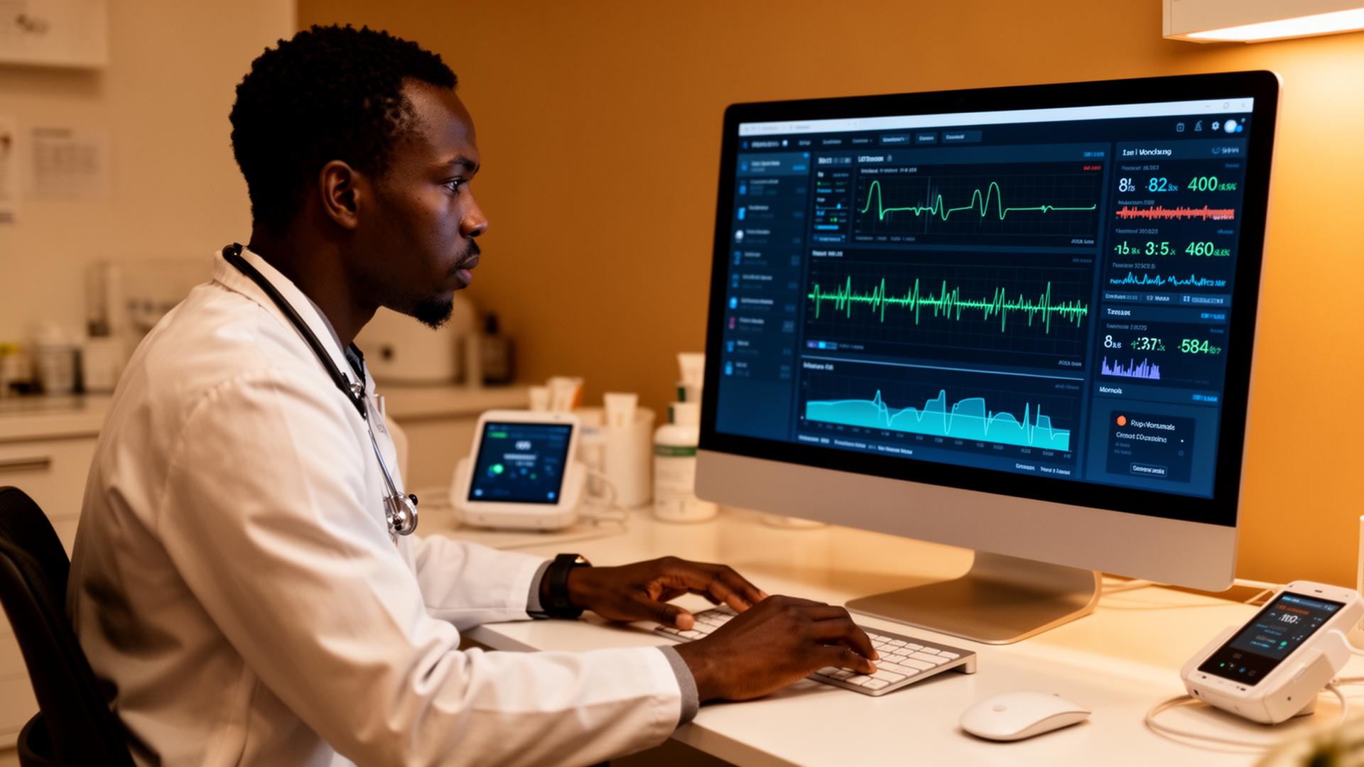 A doctor reviewing remote patient monitoring data on a computer screen