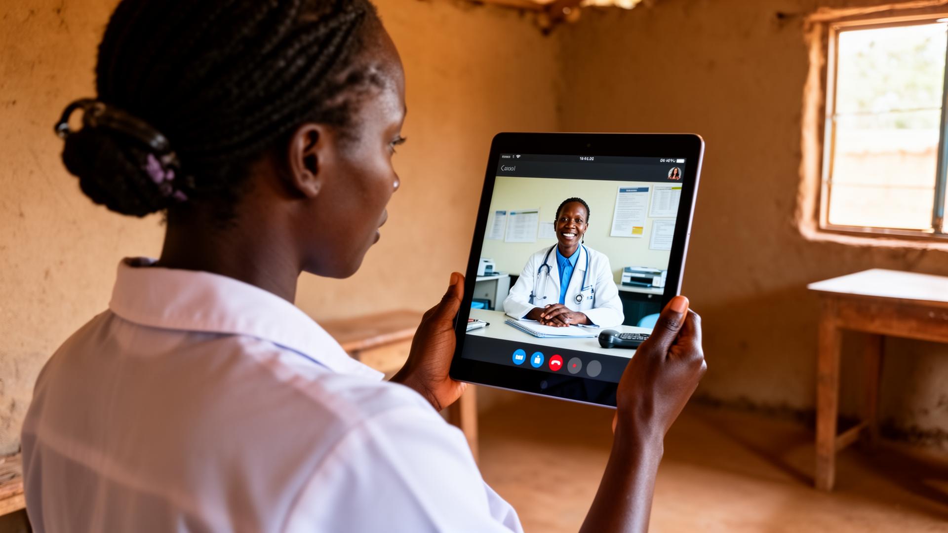 A senior specialist on screen mentoring a rural nurse through a complex patient case