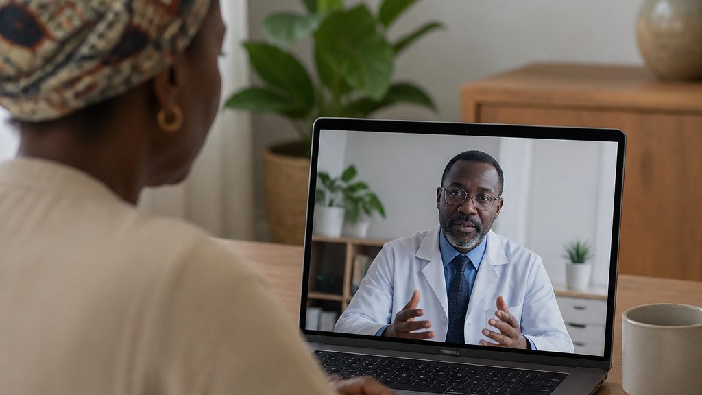 African oncologist comforting a smiling patient in a headscarf