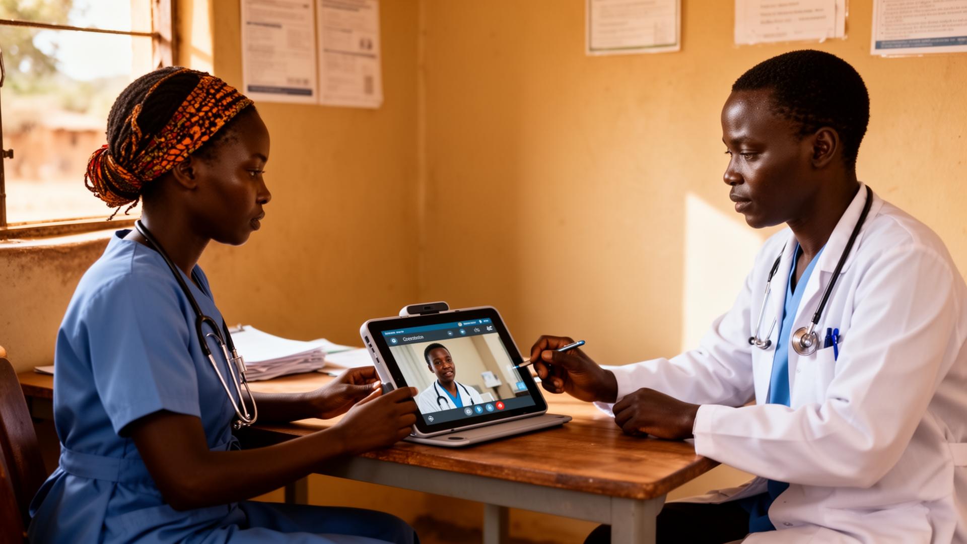 A nurse in a rural clinic consults a specialist by video on a tablet