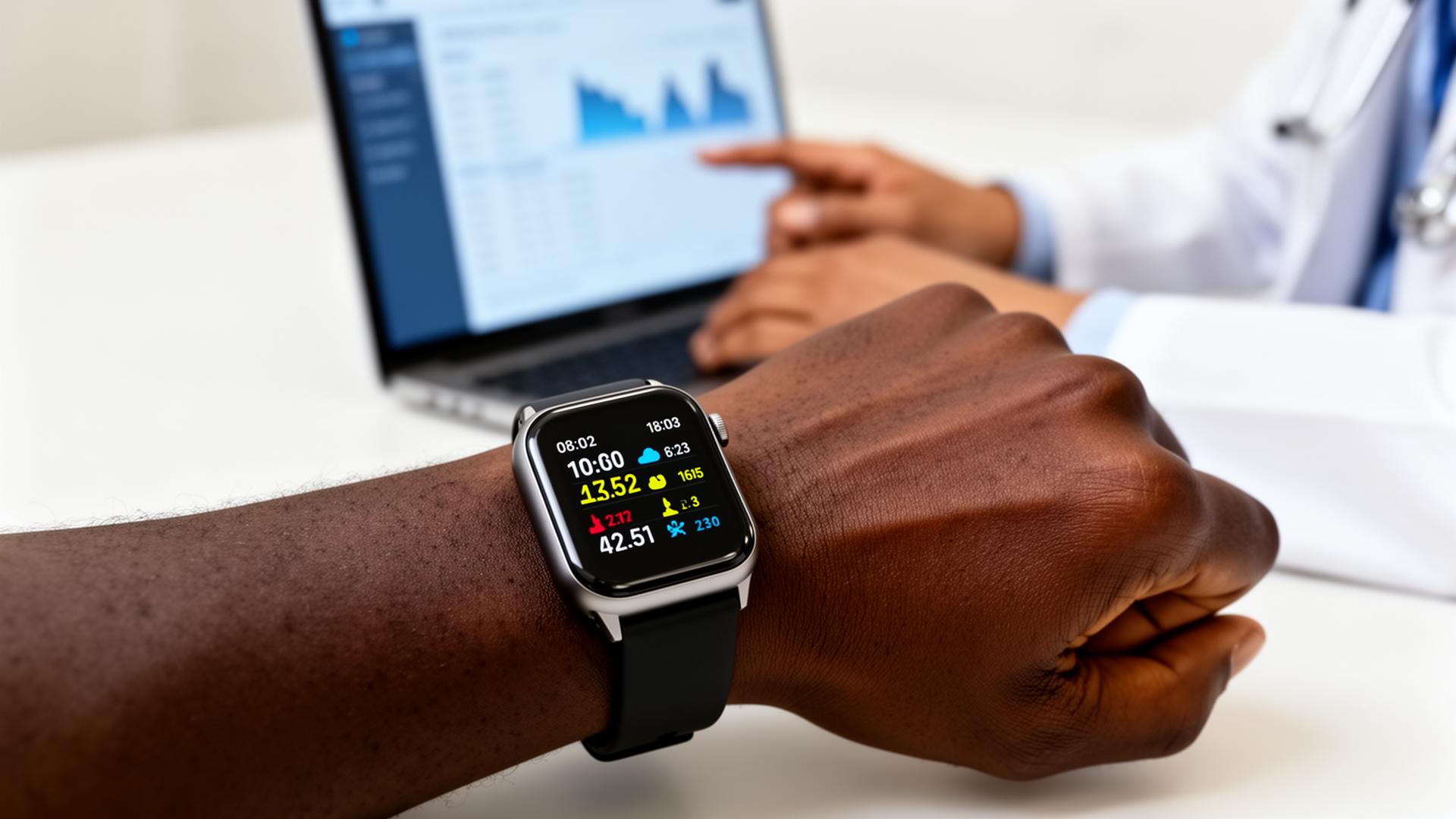 An African patient wearing a smartwatch that streams vitals to a doctor's laptop