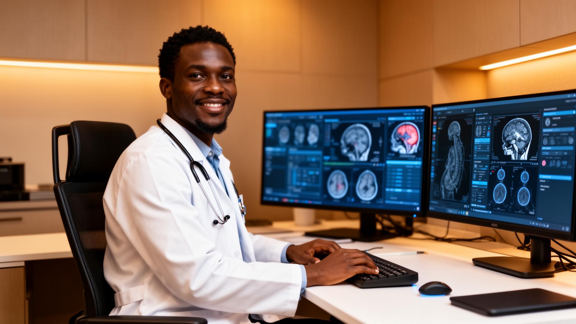 A West African specialist consulting patients from a modern telemedicine workstation
