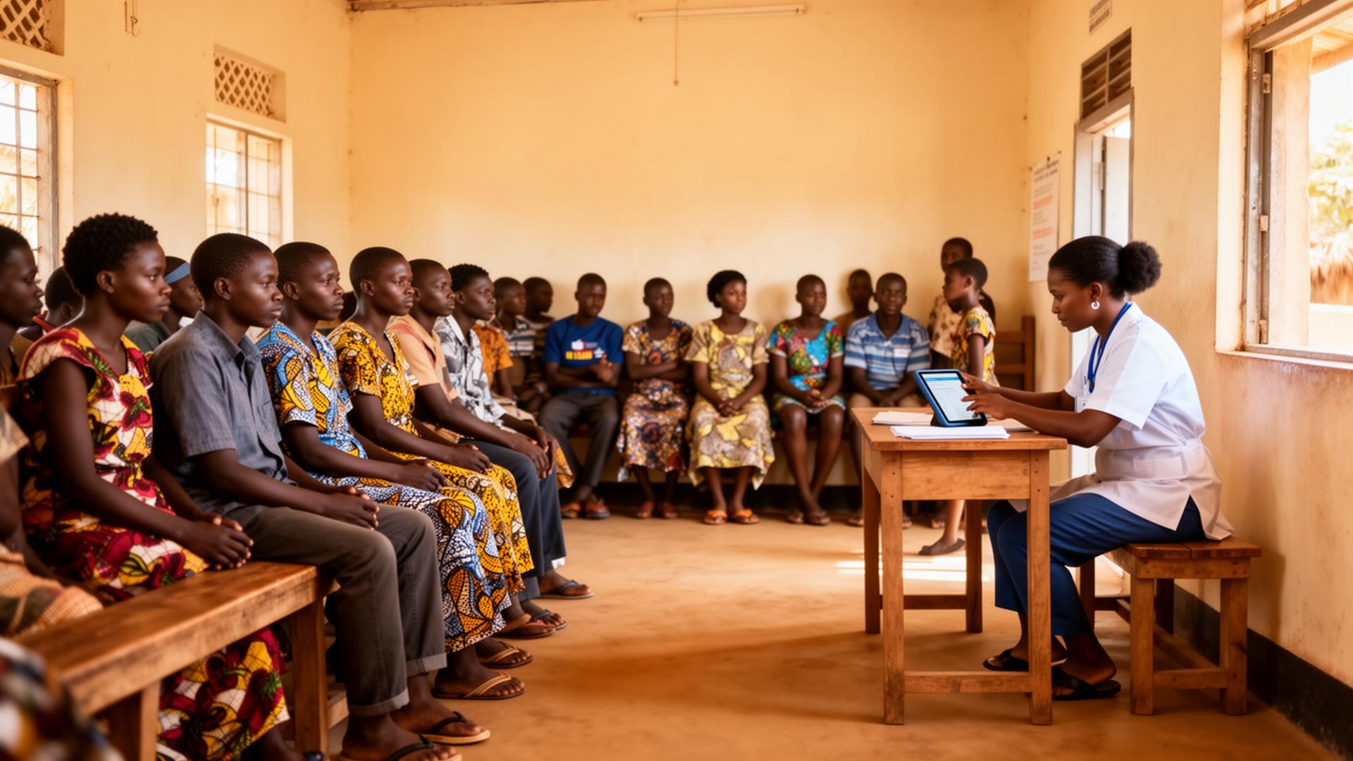 A busy but well-organised rural health centre in Ghana with patients and modern telemedicine equipment