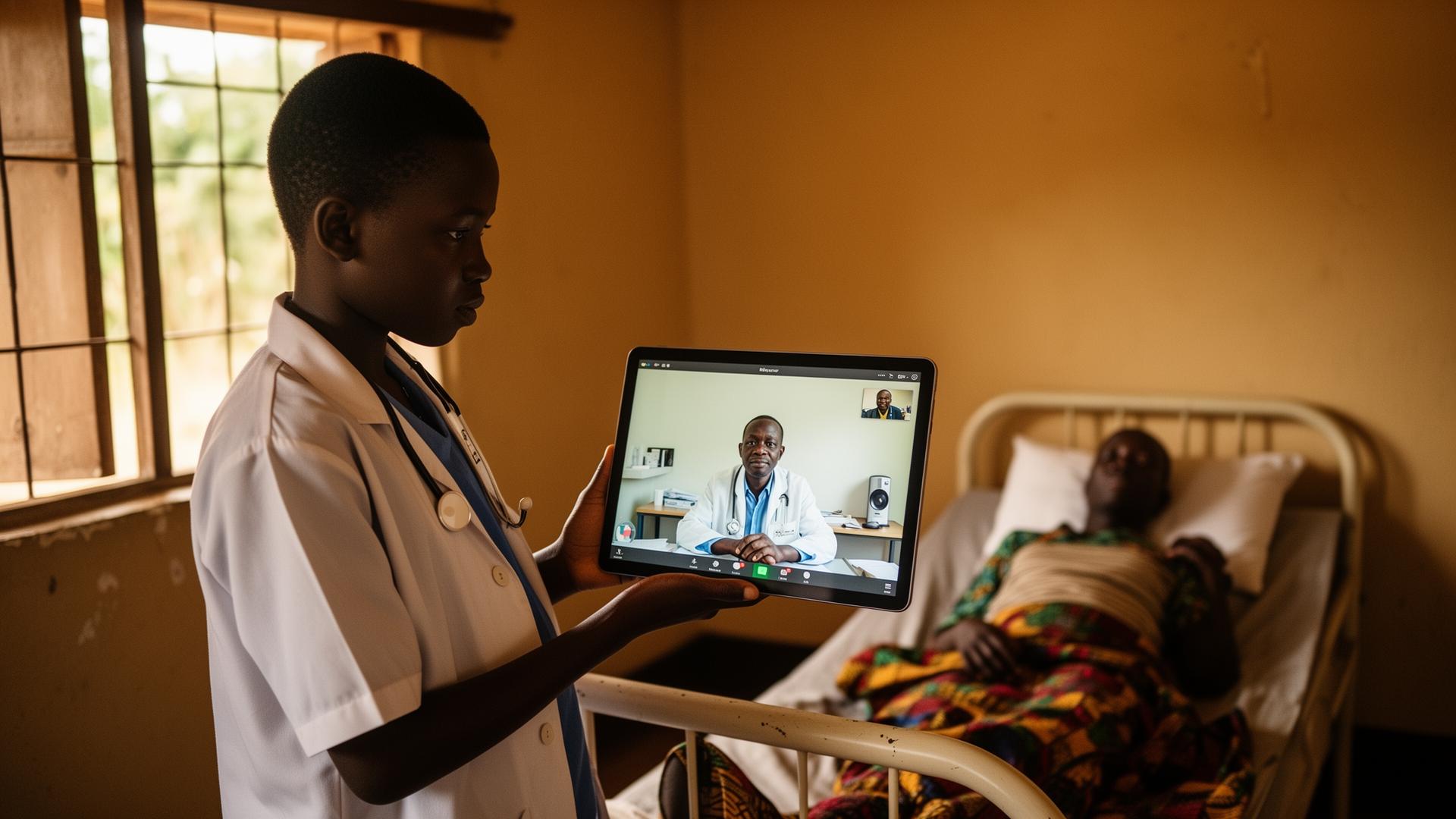 A rural Ghanaian clinician on a video call with a city specialist, receiving guidance on a patient case