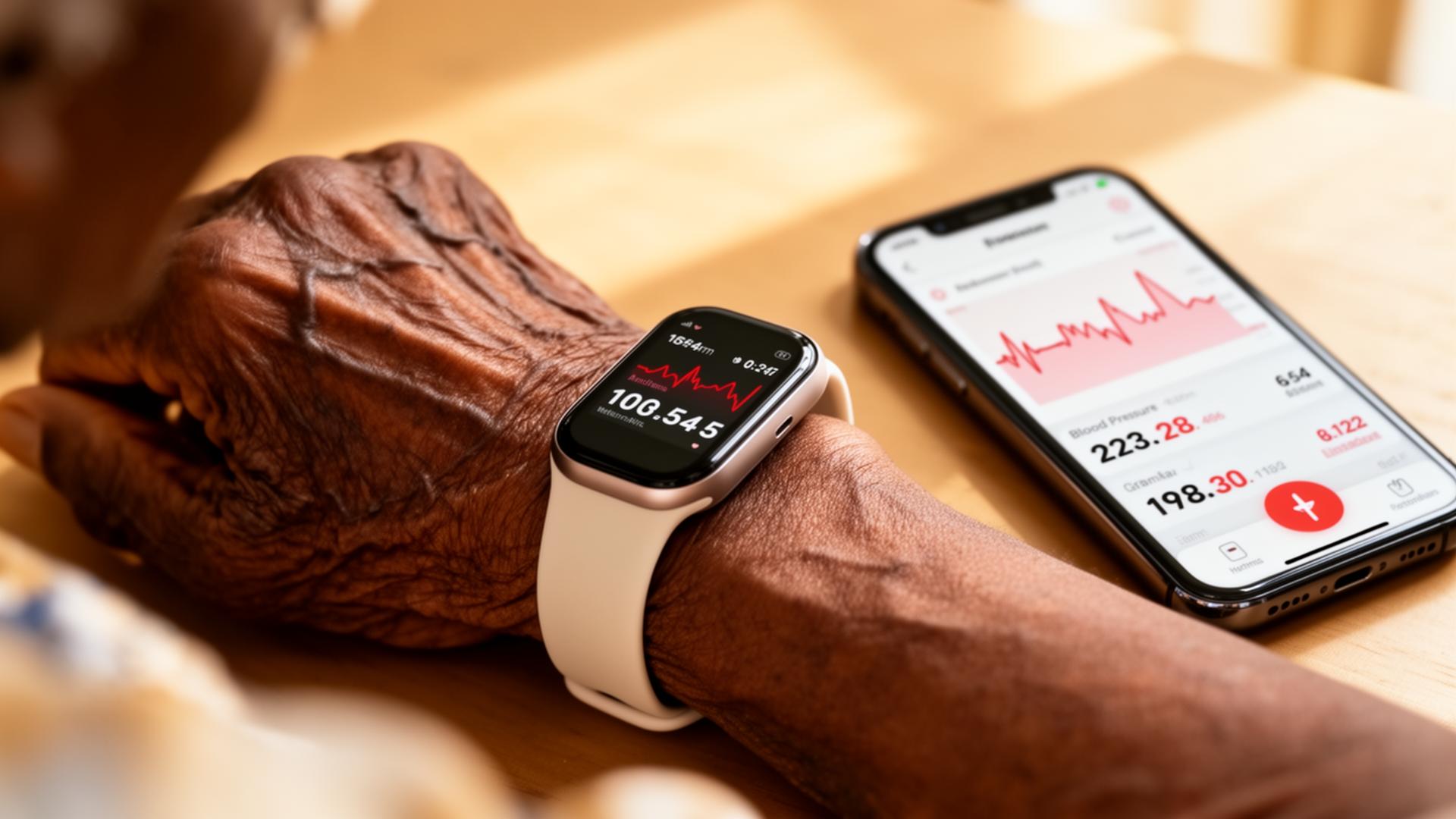 A patient in rural Ghana wearing a health monitoring device with vitals displayed on a smartphone