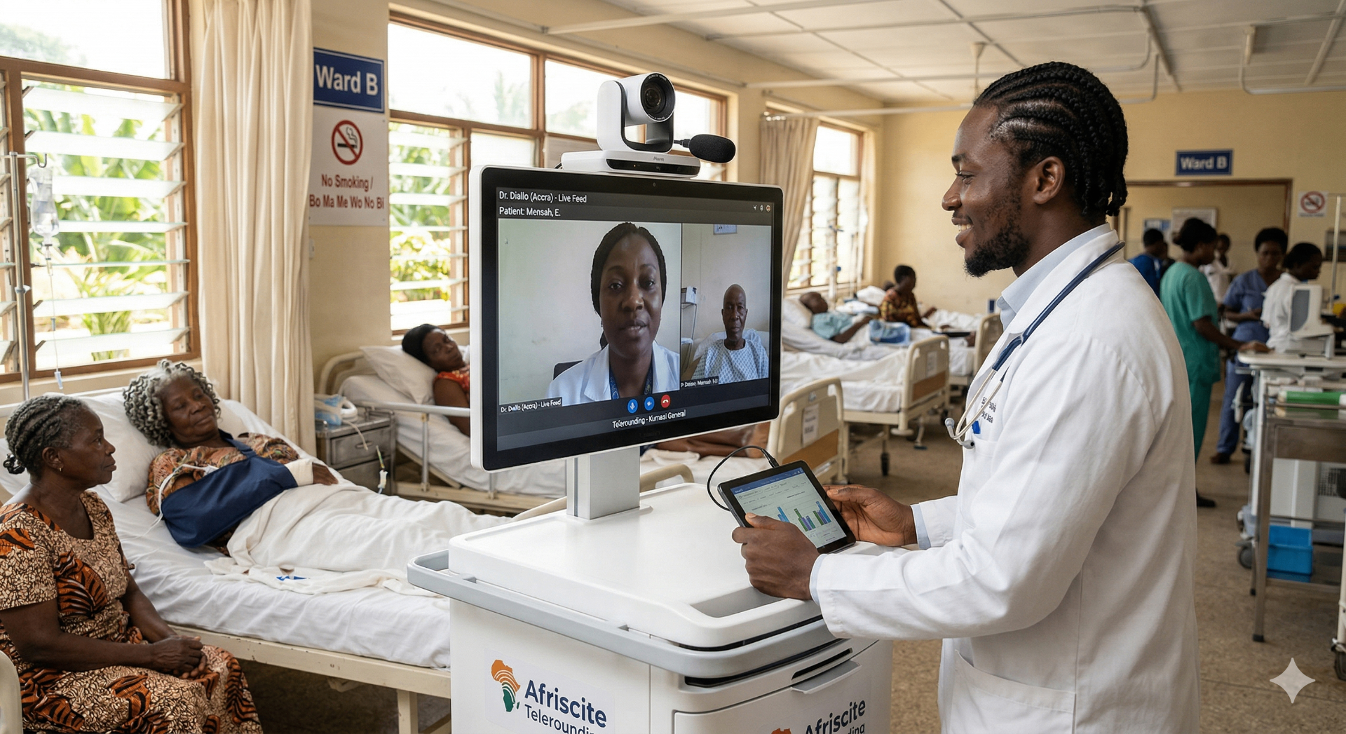 ASV Clinic specialist conducting a virtual ward round on a telemedicine cart at a Ghanaian hospital