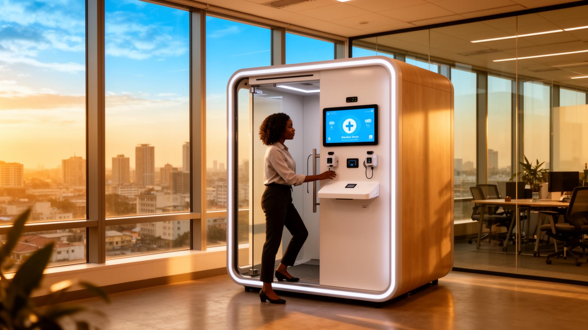 A modern TeleBooth in an office building connecting employees to remote specialists